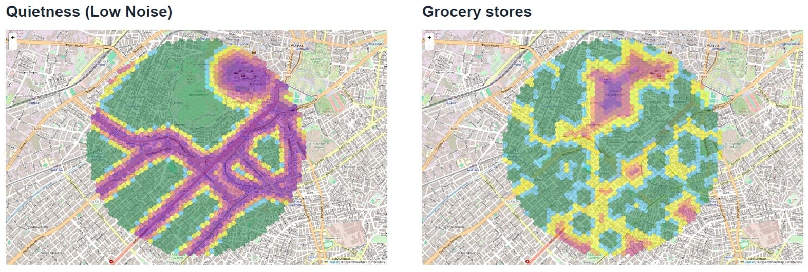 Koukaki Noise and Grocery Stores Maps