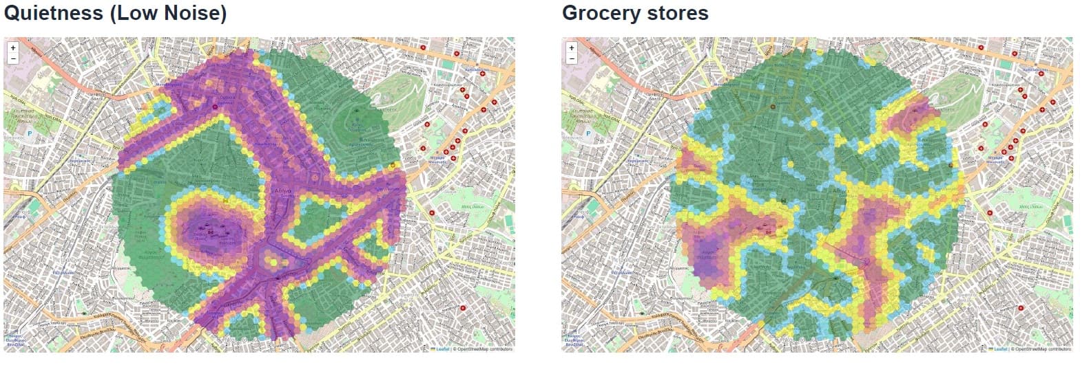 Plaka Quietness and Grocery Stores Maps