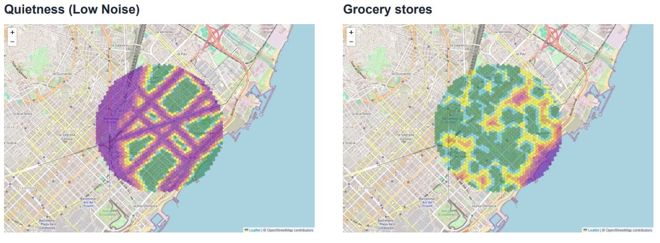 Poblenou Quietness and Grocery Stores Maps