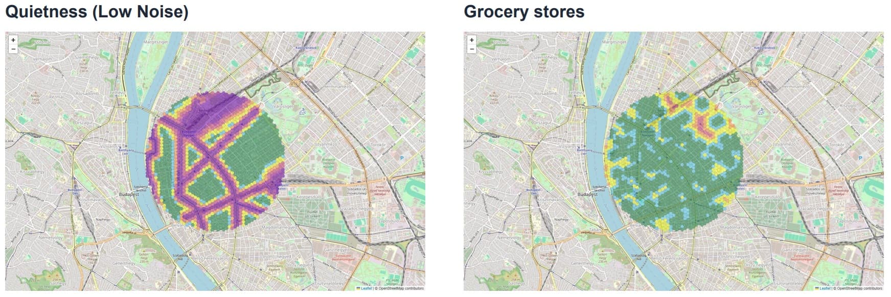 Budapest Central Districts Noise and Grocery Stores Maps