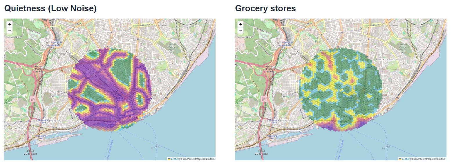 Lisbon Quietness Levels and Grocery Stores Maps