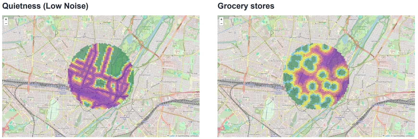 Altstadt-Lehel Quietness and Grocery Stores Maps