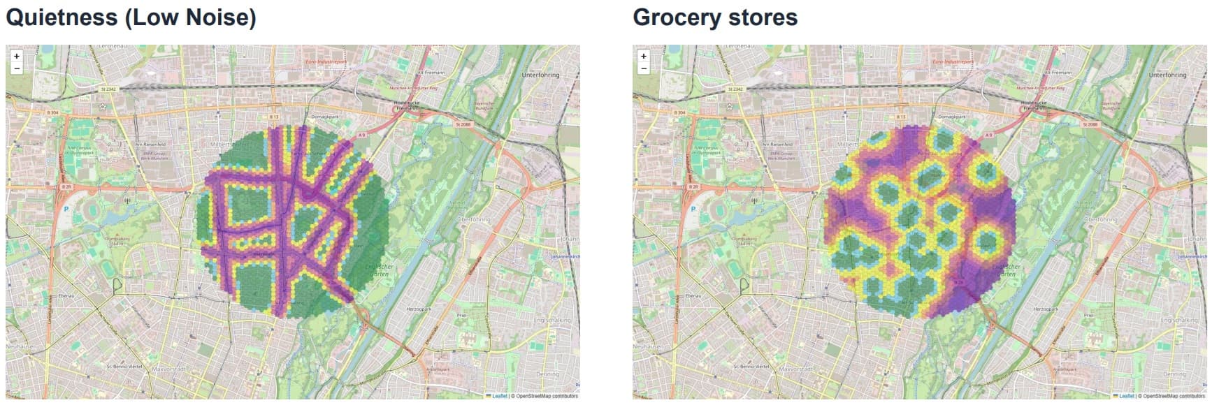 Schwabing Noise and Grocery Stores Maps