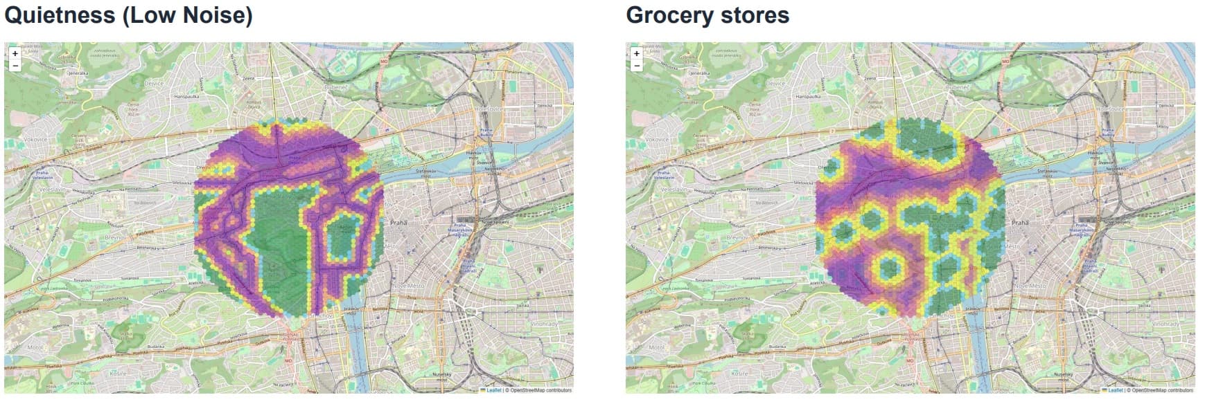 Malá Strana Quietness and Grocery Stores Maps