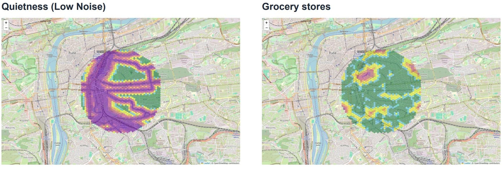Vinohrady Noise and Grocery Stores Maps