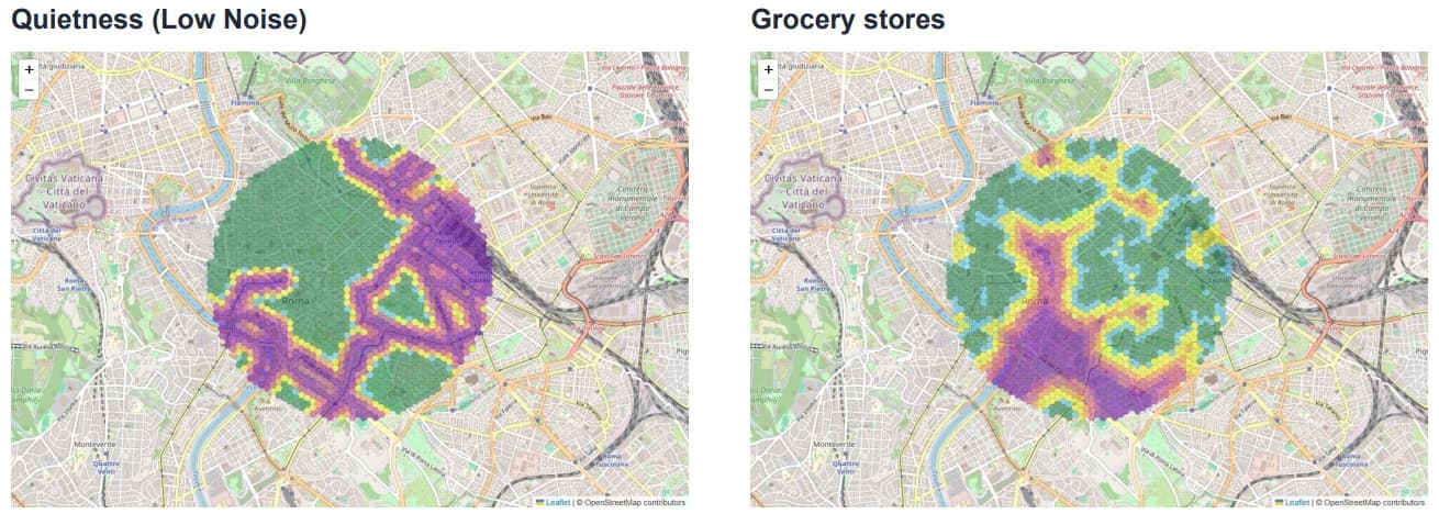 Monti Quietness and Grocery Stores Maps