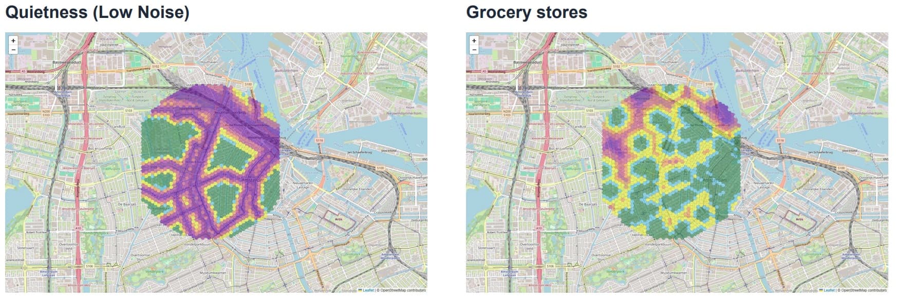 Jordaan Quietness and Grocery Stores Maps